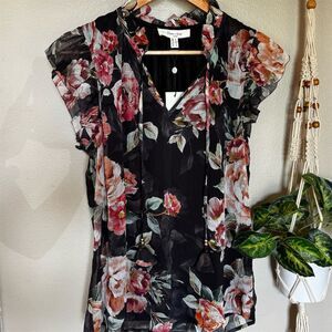 Haver & Blair Women's S Floral Blouse V-Neck Ruffle Sleeve Casual Top Size Small